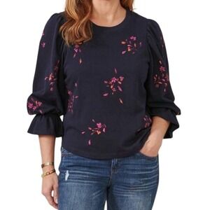 Democracy Embroidered Puff Sleeve Sweatshirt Cotton Blend Chic Top Women's M